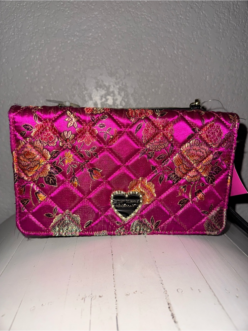 Betsey Johnson Hot Pink Quilted Floral Satin Wristlet Clutch